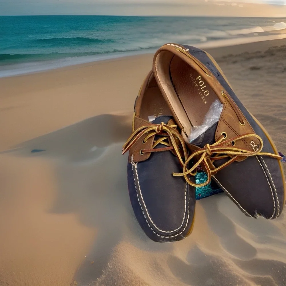 POLO Ralph Lauren BIENNE II Leather Boat Fisherman Shoe Blue Brown Men 12 Photos
